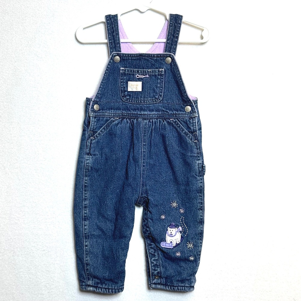 OshKosh Denim Overalls Girls 6-9M‎ Blue Fleece Lined Polar Bear Winter Dungarees